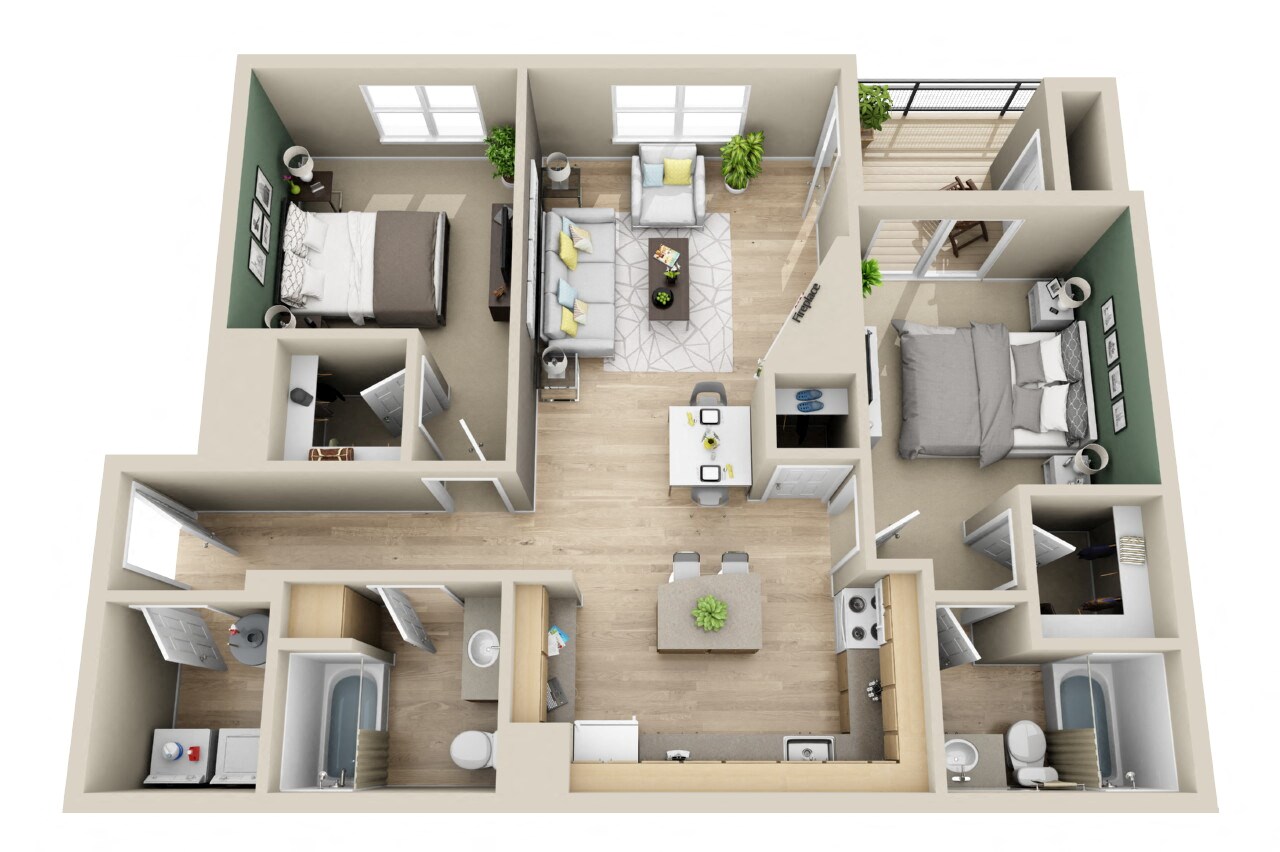 Floor plan for 2 beds, 2 baths, 1051 sqft